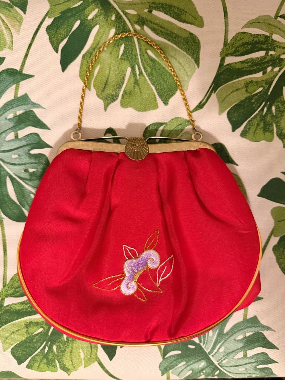 Vintage Red Satin Clutch with Gold Chain Handle
